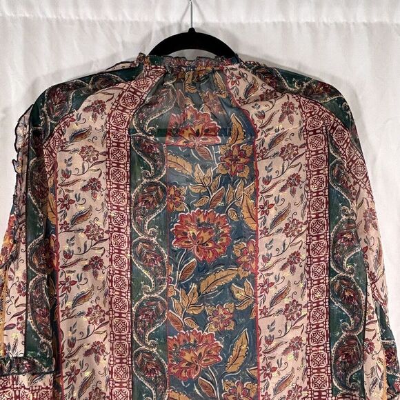 Democracy Blouse Womens Medium Brown Green Gold Metallic Sheer Vneck - Picture 8 of 10